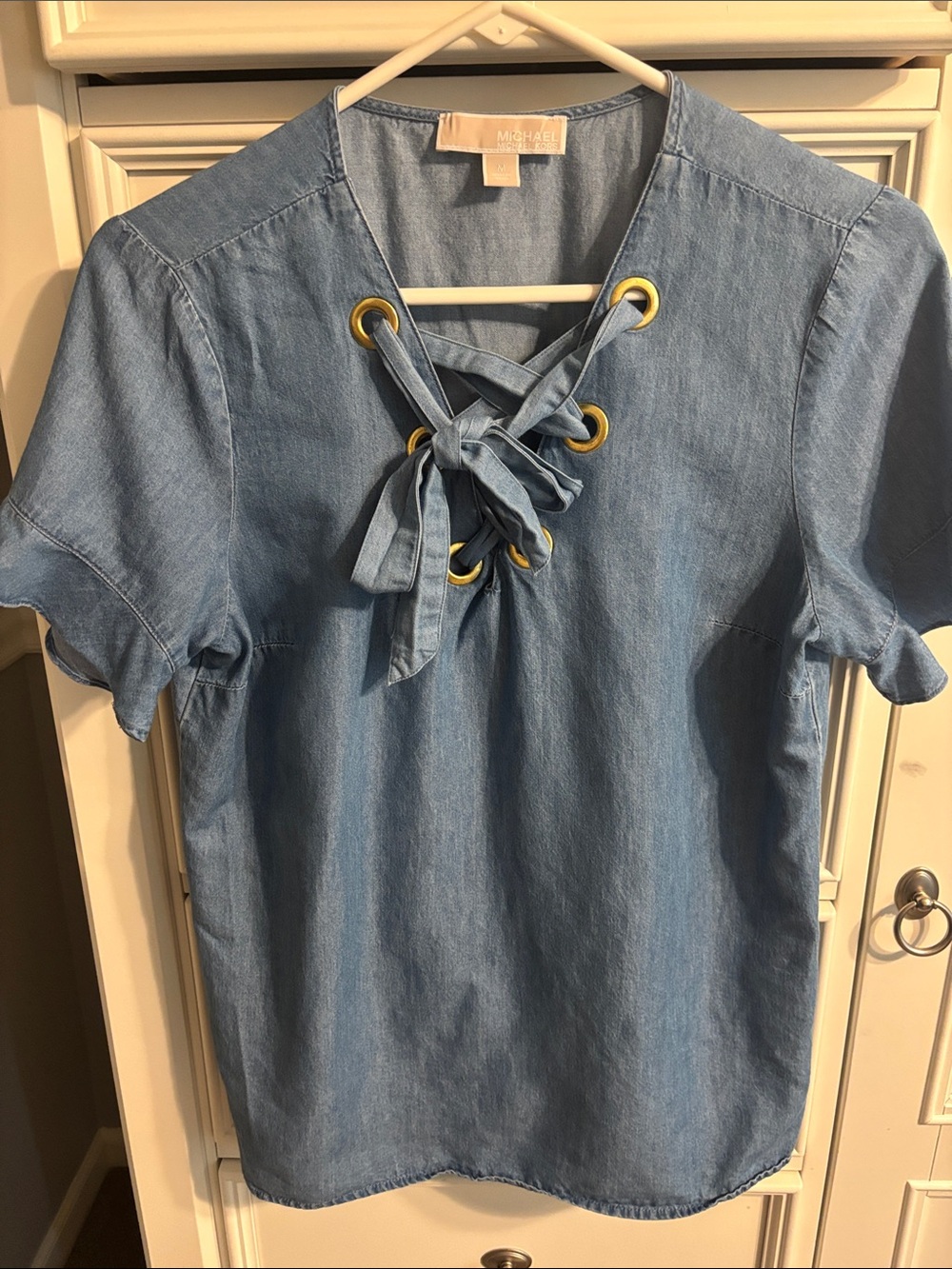 Michael Kors Light Blue Chambray Lace-Up Short Sleeve
